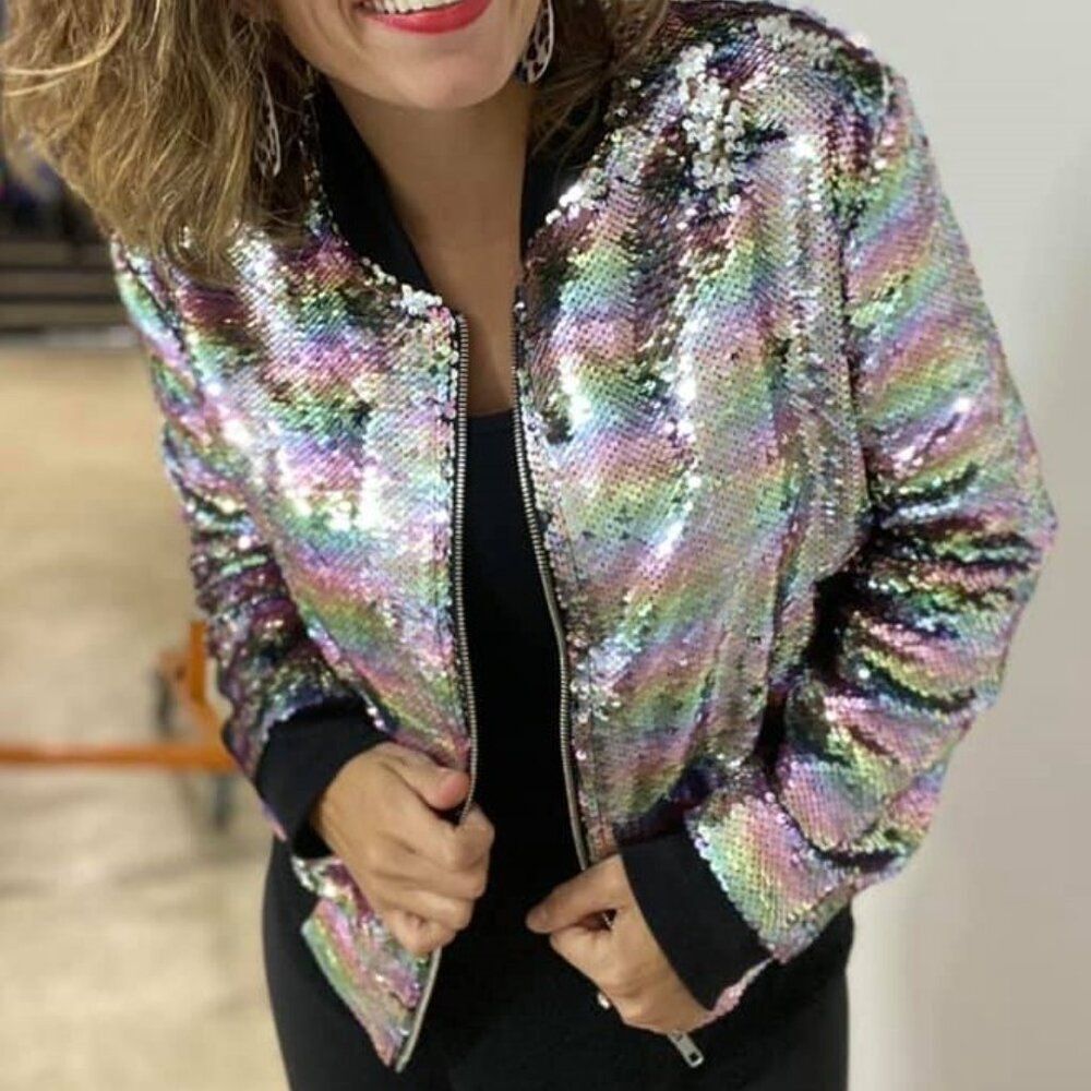 LuLaRoe 2XL Reversible Sequin Bomber Jacket Pastel Rainbow Silver Zip Up